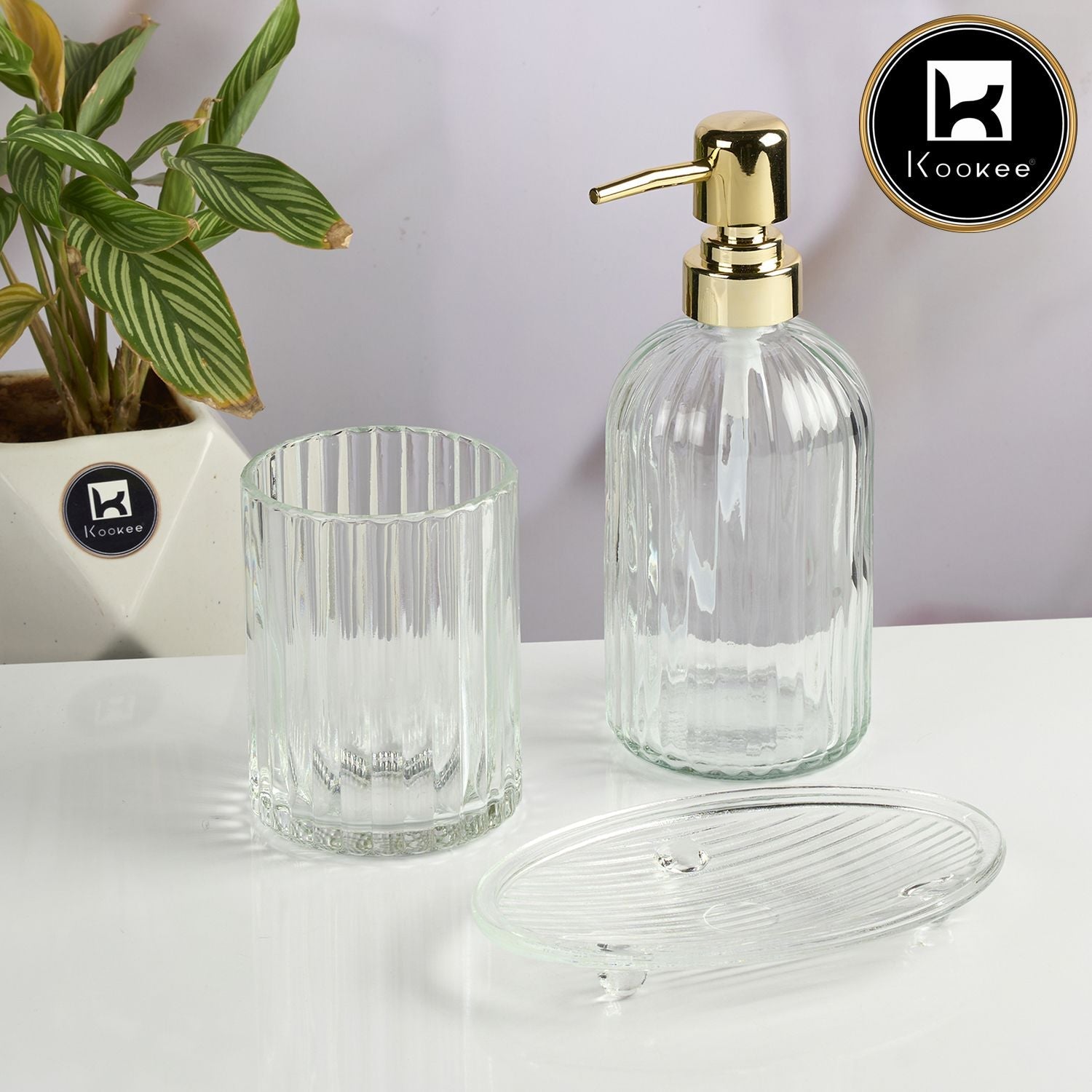 Glass Bathroom Accessories Set of 3 with Soap Dispenser, Transparent (11569)