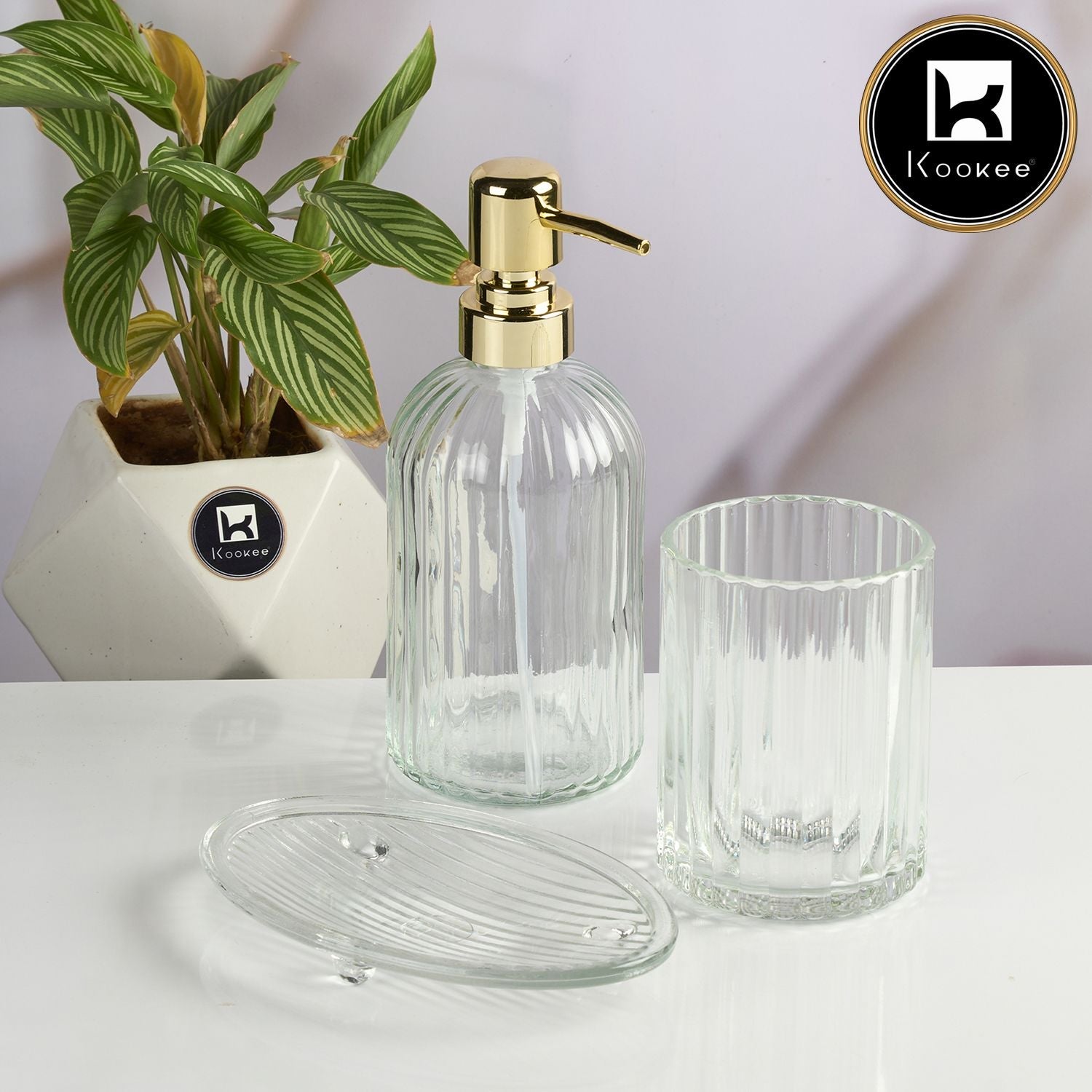 Kookee Glass Bathroom Accessories Set of 3 with Soap Dispenser, Transparent (11569)