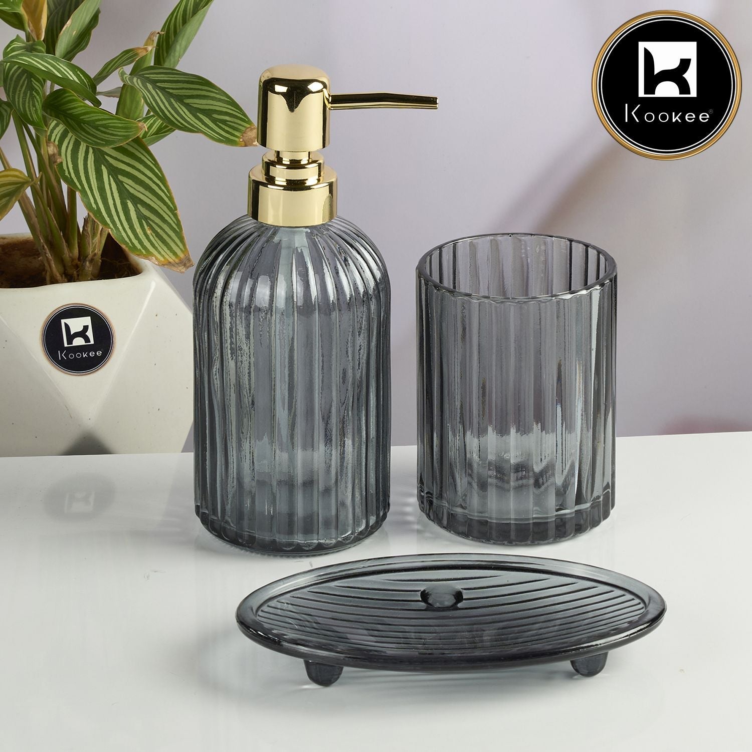 Glass Bathroom Accessories Set of 3 with Soap Dispenser, Grey (V-GBS-001-1)