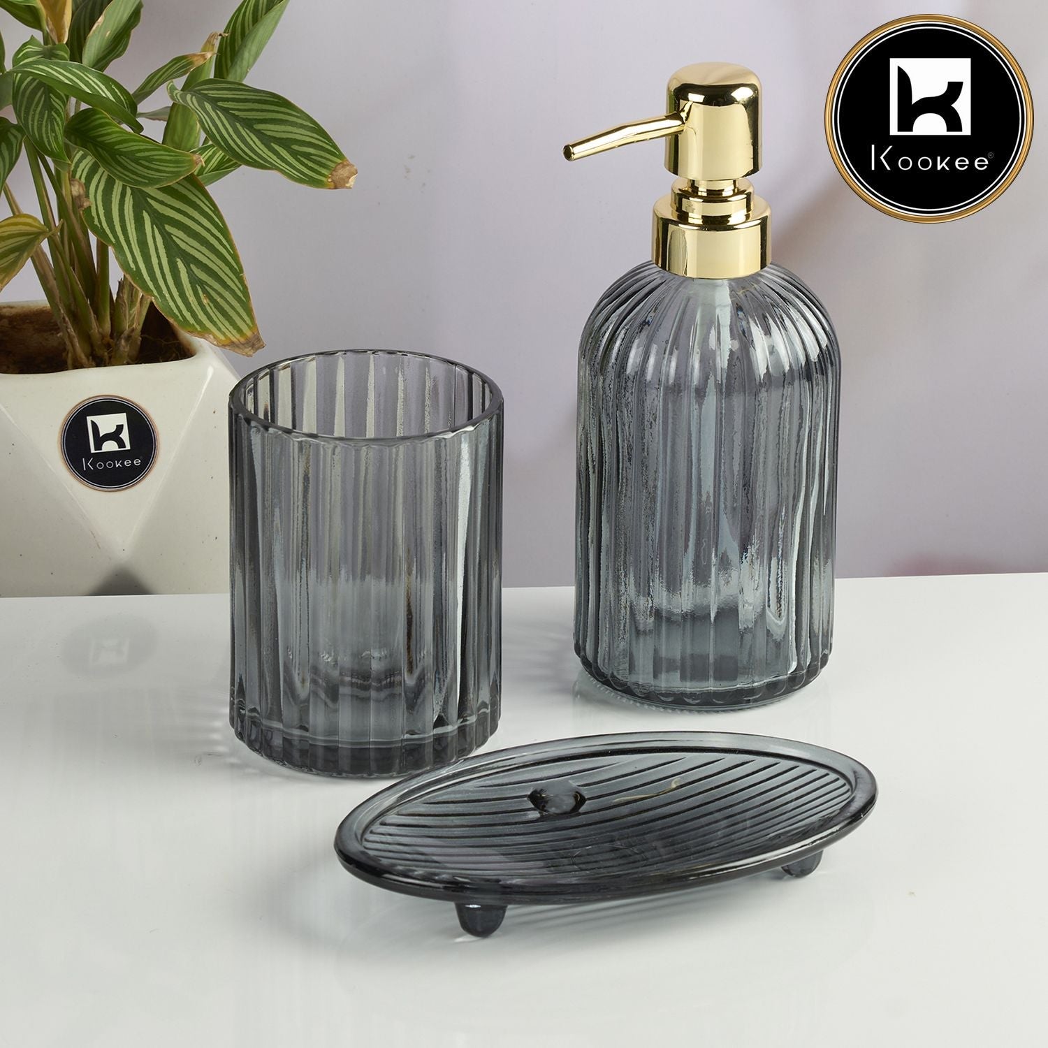 Glass Bathroom Accessories Set of 3 with Soap Dispenser, Grey (V-GBS-001-1)