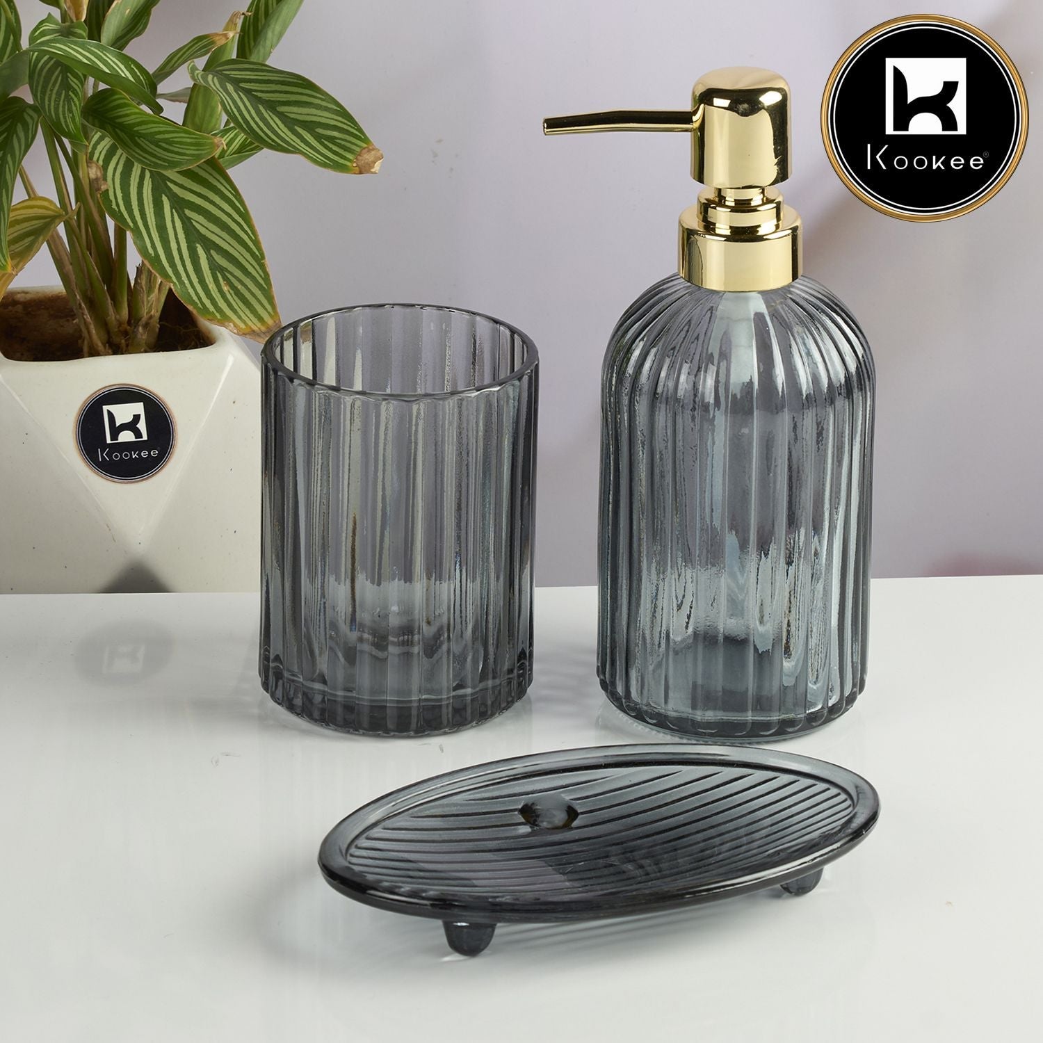 Glass Bathroom Accessories Set of 3 with Soap Dispenser, Grey (V-GBS-001-1)