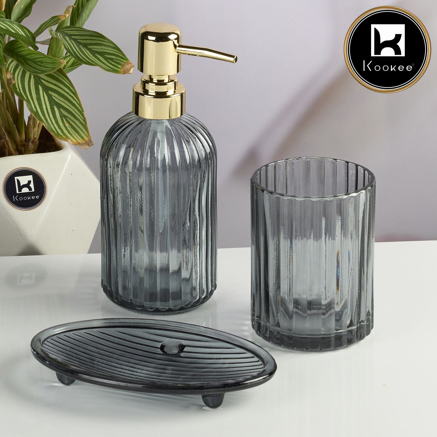 Kookee Glass Bathroom Accessories Set of 3 with Soap Dispenser, Grey (11570)