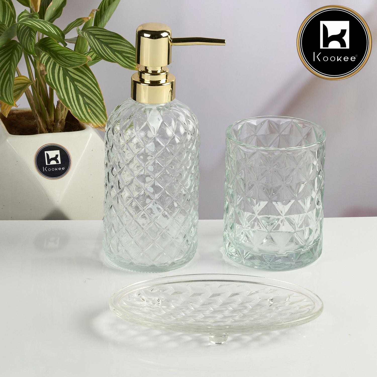Glass Bathroom Accessories Set of 3 with Soap Dispenser, Transparent (11571)
