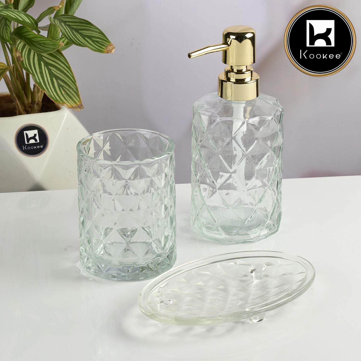 Glass Bathroom Accessories Set of 3 with Soap Dispenser, Transparent (11571)
