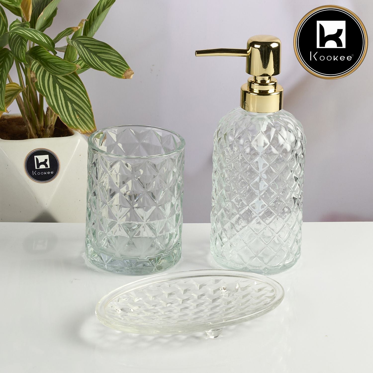 Glass Bathroom Accessories Set of 3 with Soap Dispenser, Transparent (V-GBS-001-3)