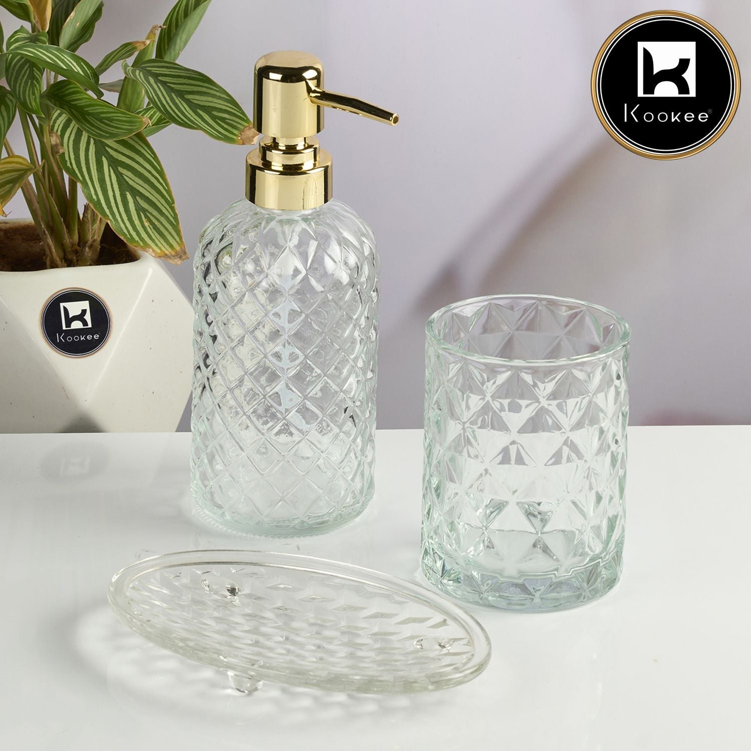 Glass Bathroom Accessories Set of 3 with Soap Dispenser, Transparent (11571)