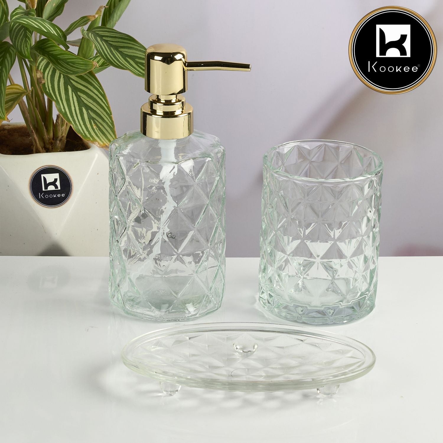 Glass Bathroom Accessories Set of 3 with Soap Dispenser, Transparent (11572)