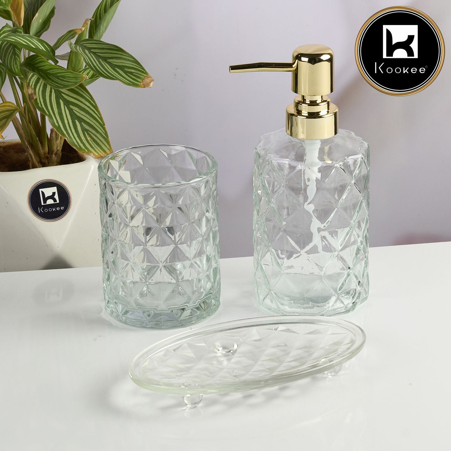 Glass Bathroom Accessories Set of 3 with Soap Dispenser, Transparent (11572)