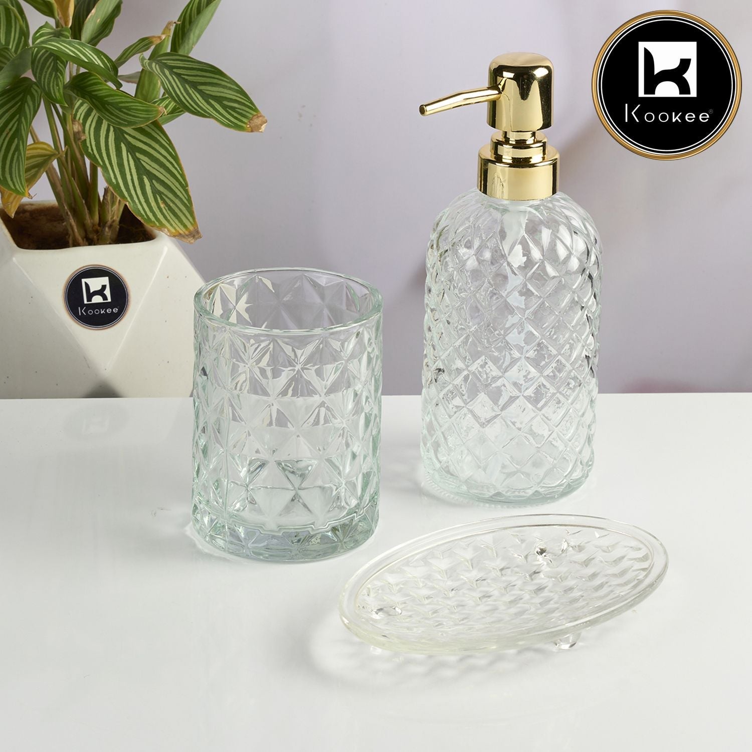 Glass Bathroom Accessories Set of 3 with Soap Dispenser, Transparent (11572)