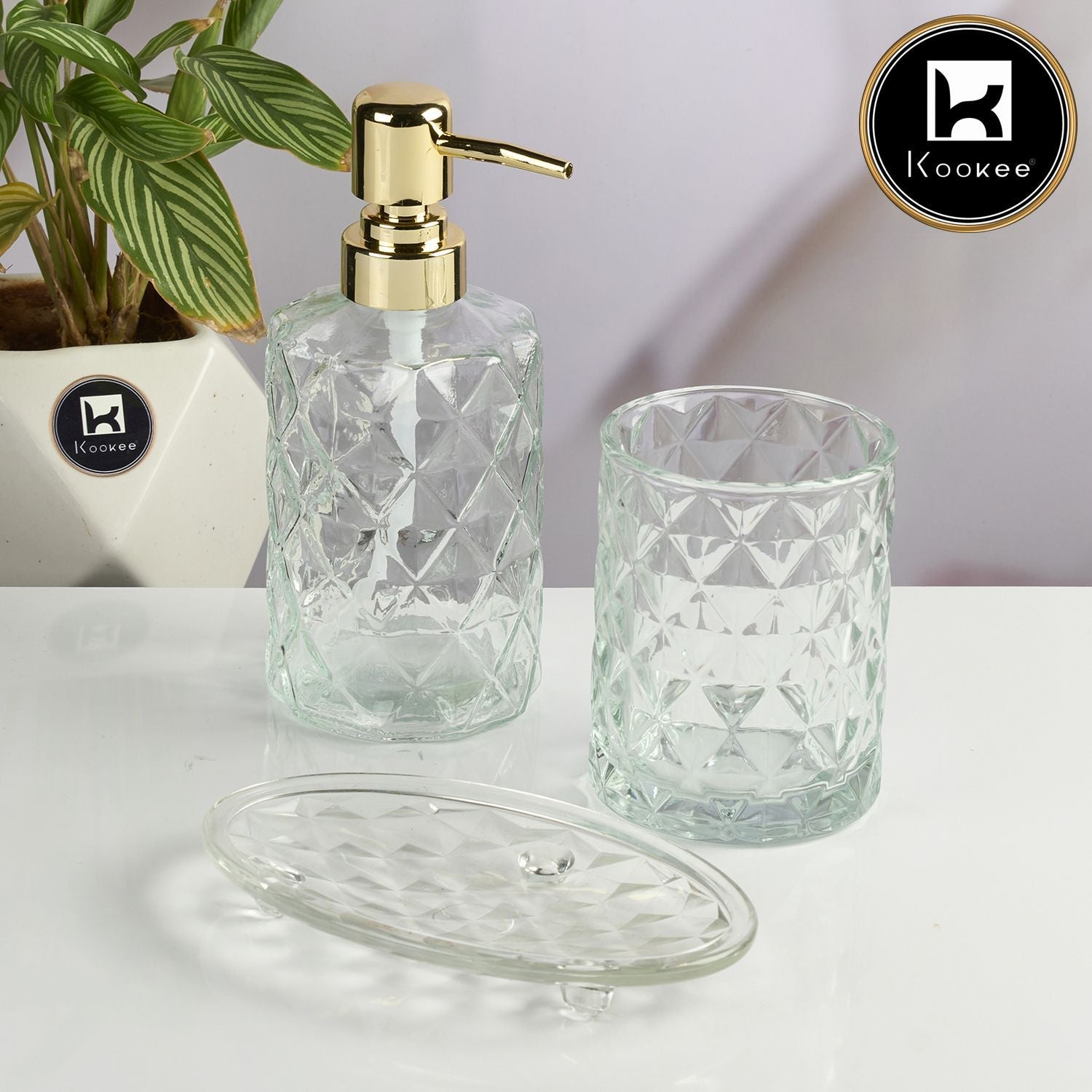 Glass Bathroom Accessories Set of 3 with Soap Dispenser, Transparent (11572)