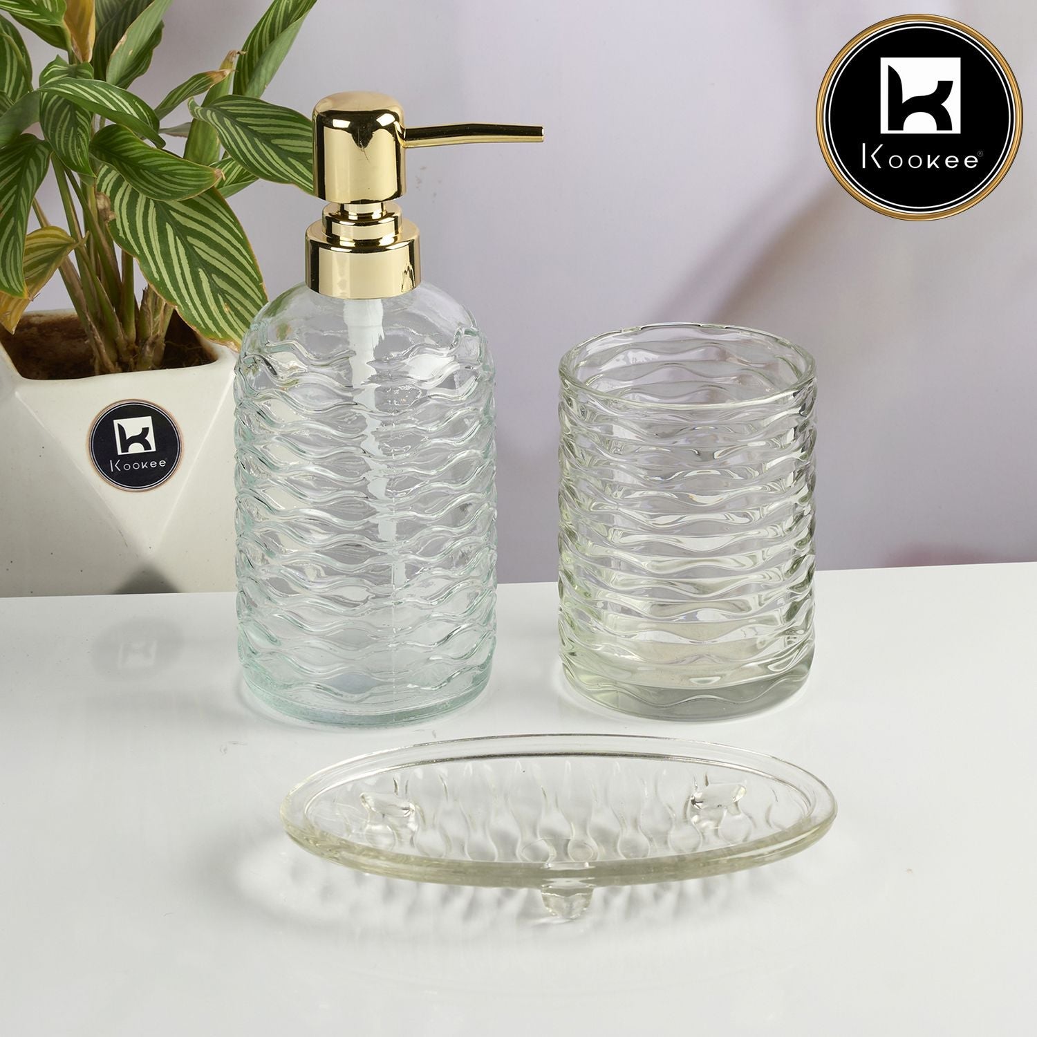 Glass Bathroom Accessories Set of 3 with Soap Dispenser, Transparent (11573)