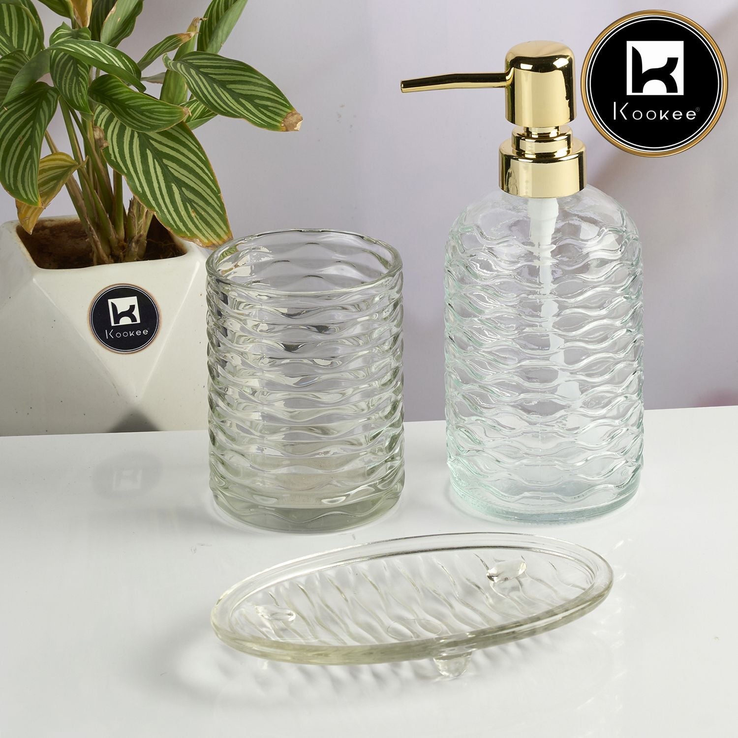 Glass Bathroom Accessories Set of 3 with Soap Dispenser, Transparent (11573)