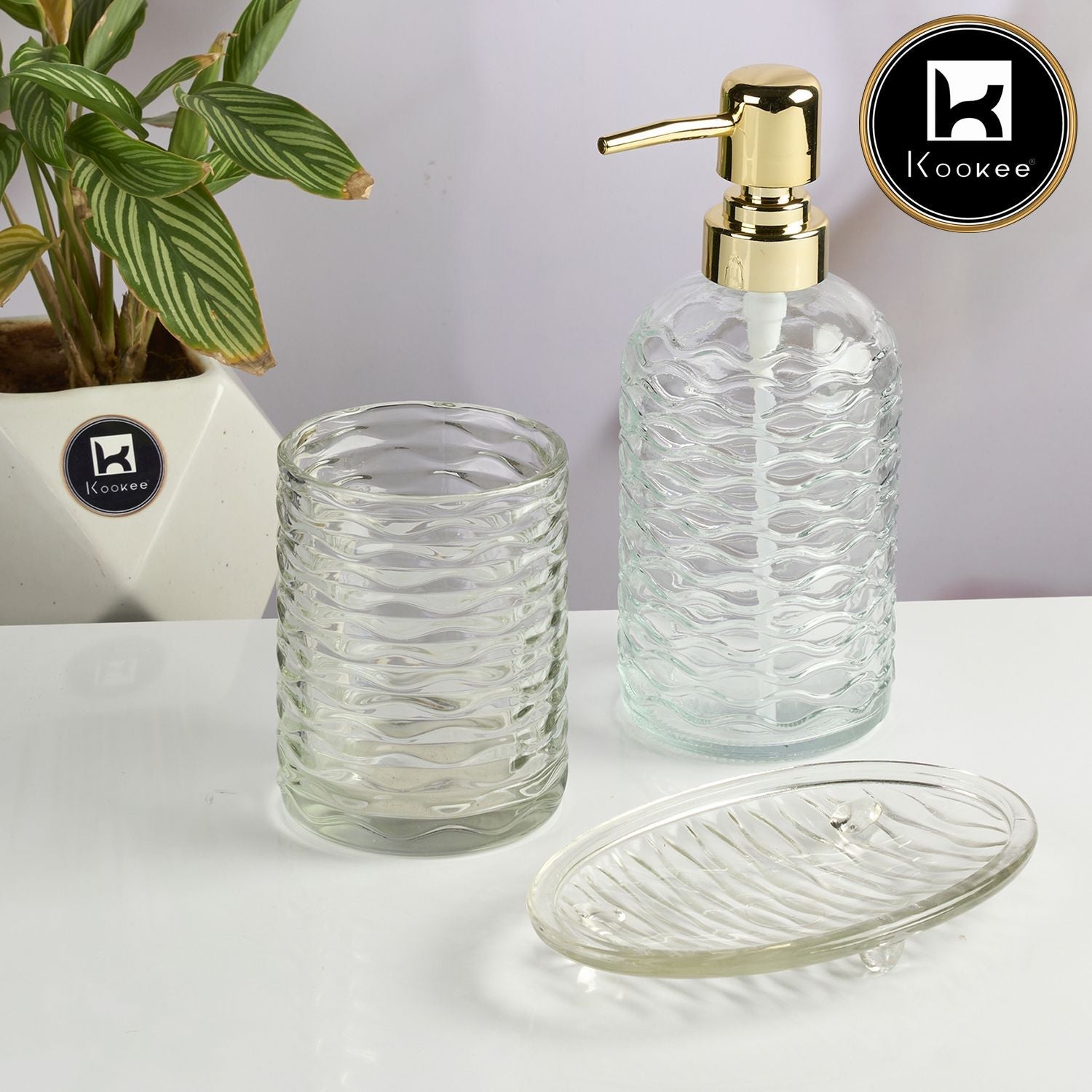 Glass Bathroom Accessories Set of 3 with Soap Dispenser, Transparent (11573)