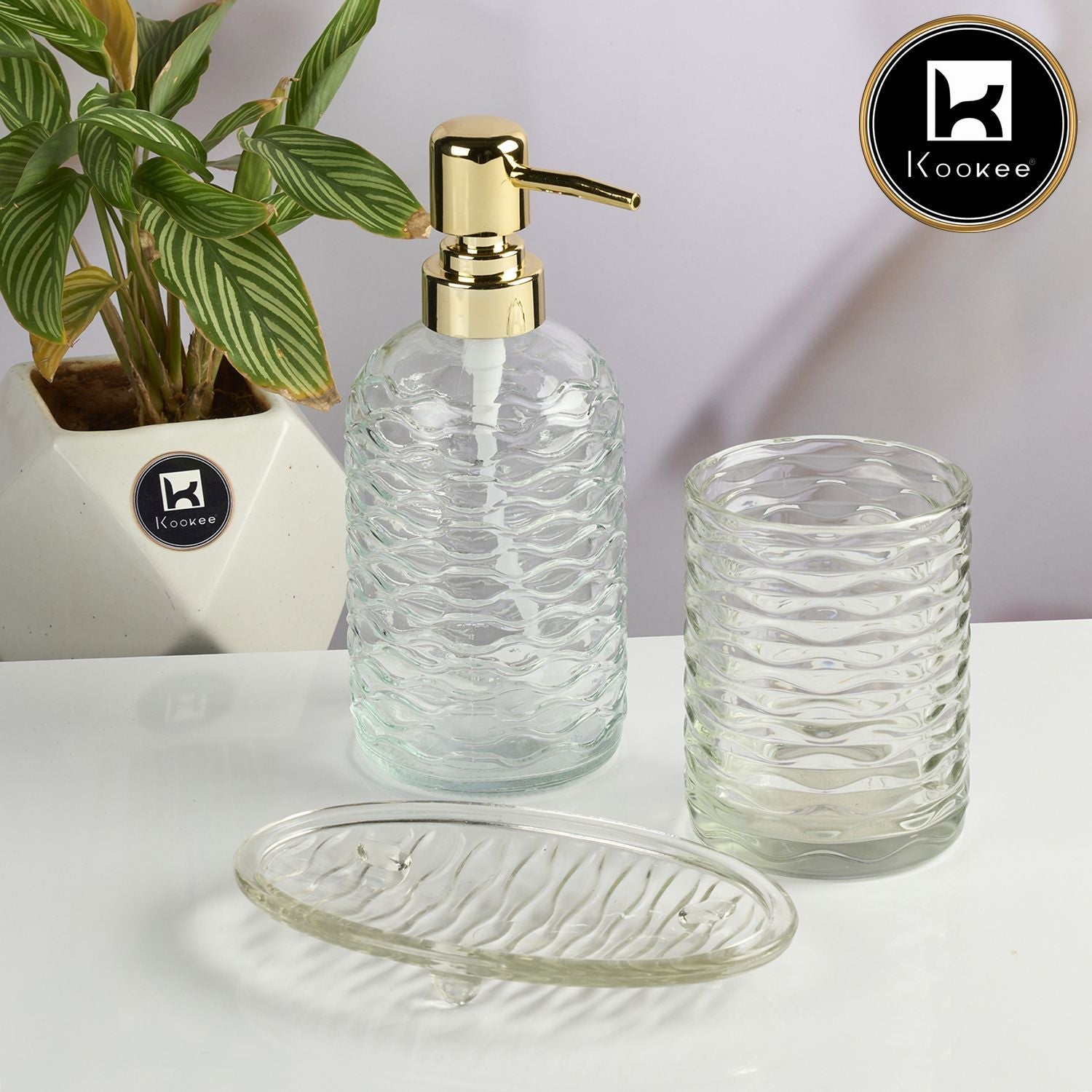 Kookee Glass Bathroom Accessories Set of 3 with Soap Dispenser, Transparent (11573)