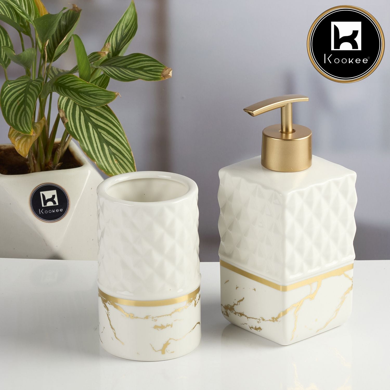 Ceramic Bathroom Accessories Set of 2 with Soap Dispenser, White (11578)