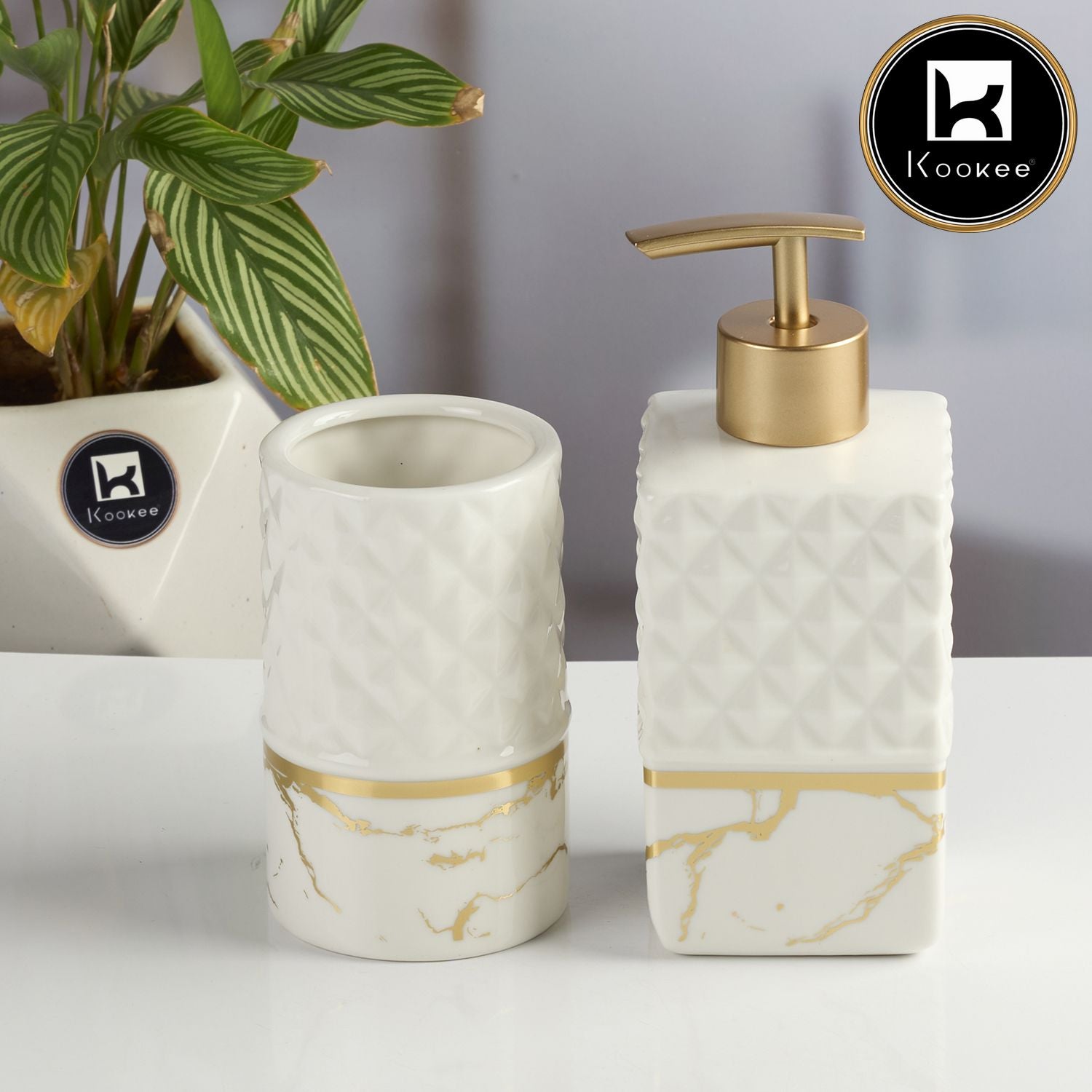 Ceramic Bathroom Accessories Set of 2 with Soap Dispenser, White (11578)