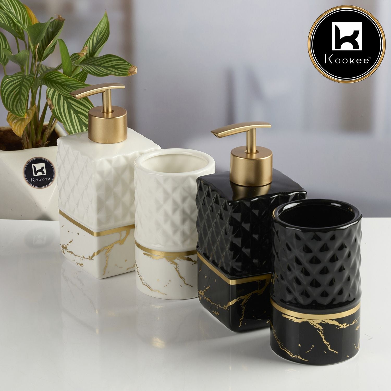 Ceramic Bathroom Accessories Set of 2 with Soap Dispenser, White (11578)