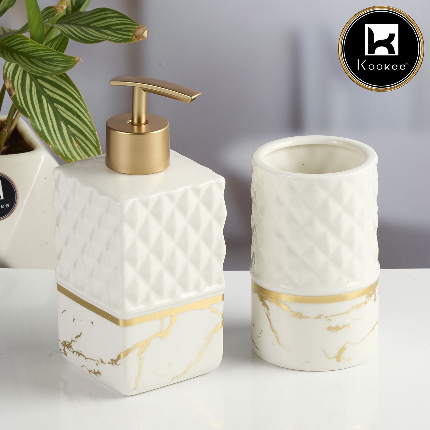 Kookee Ceramic Bathroom Accessories Set of 2 with Soap Dispenser, White (11578)