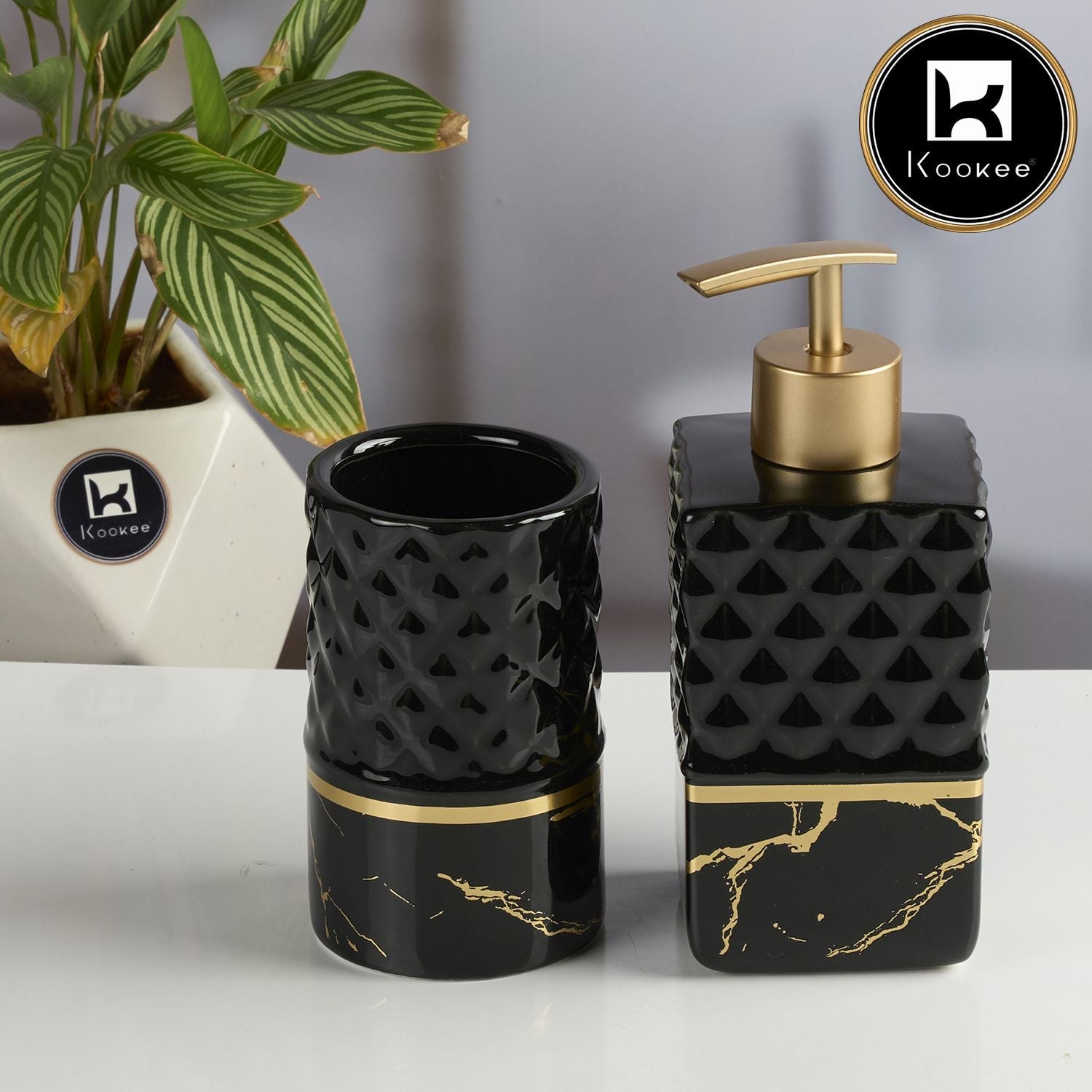 Ceramic Bathroom Accessories Set of 2 with Soap Dispenser, Black (V-CBS-003-15)