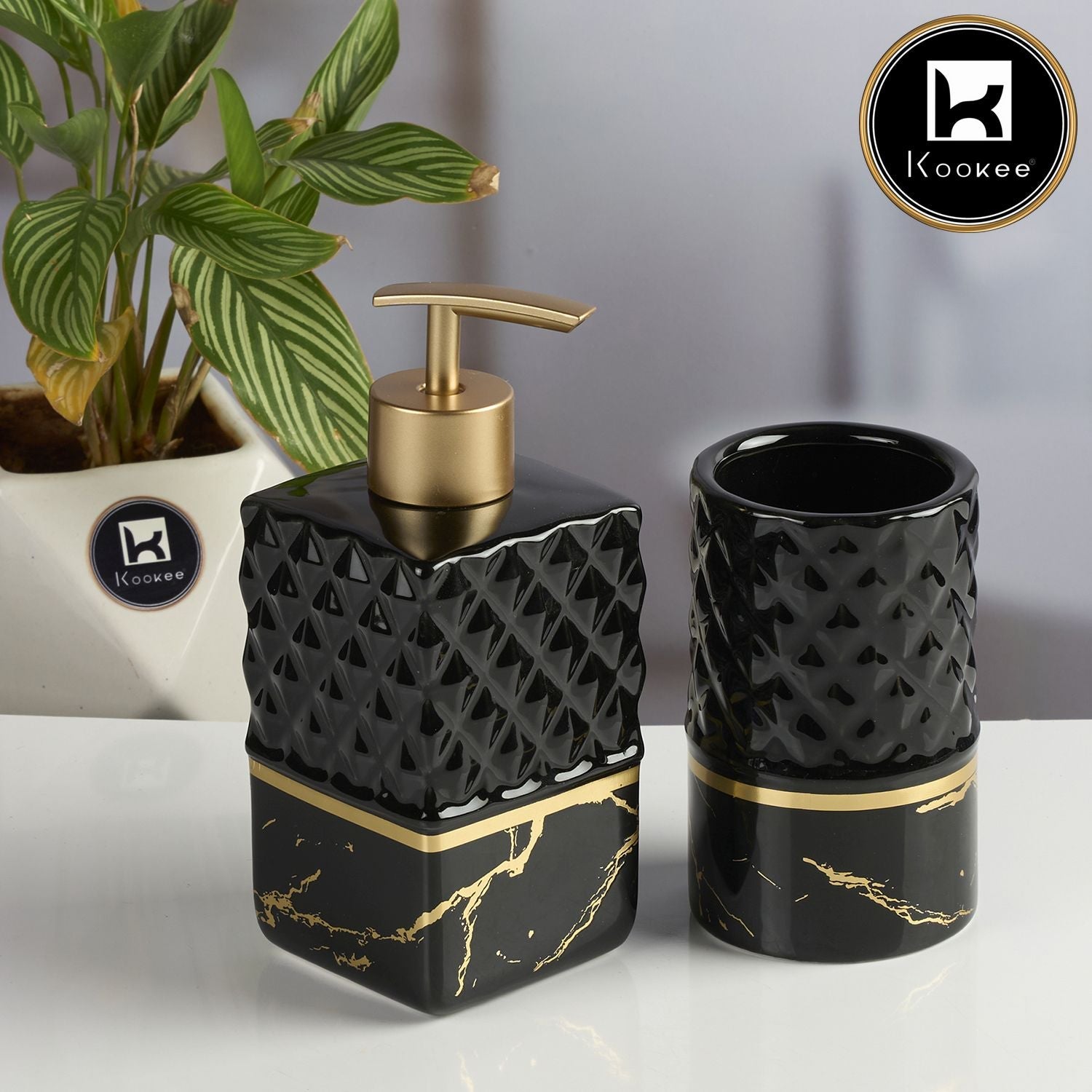 Ceramic Bathroom Accessories Set of 2 with Soap Dispenser, Black (11579)