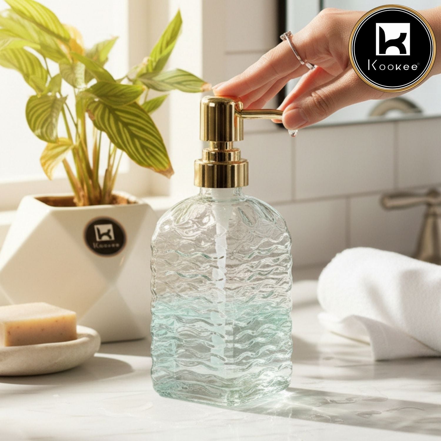 Glass Soap Dispenser for handwash for Bathroom, Blue & Grey (Set of 2) (12178)