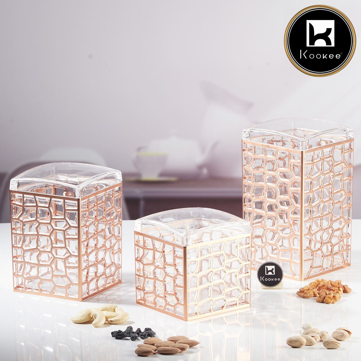 Kookee Acrylic Airtight Canister Jar & Container for Kitchen, Black (Pack of 3) (11602)