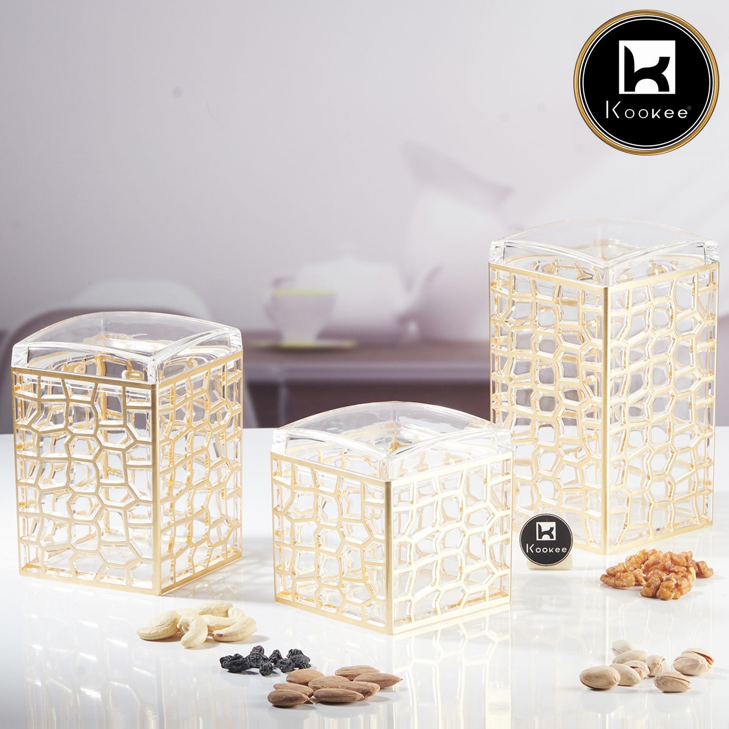 Kookee Acrylic Airtight Canister Jar & Container for Kitchen, Black (Pack of 3) (11603)