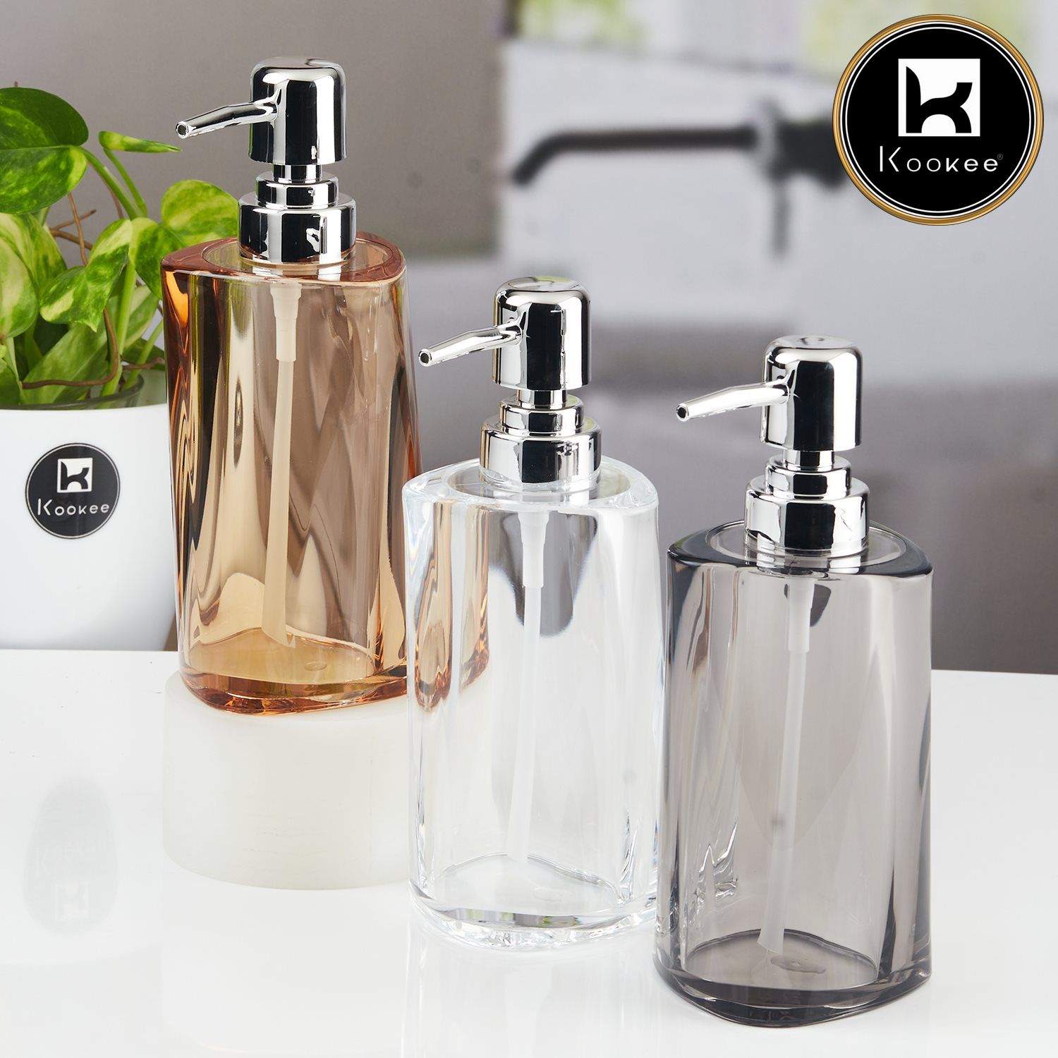 Kookee Acrylic Soap Dispenser for Bathroom handwash, refillable pump bottle for Kitchen hand wash basin, Set of 3