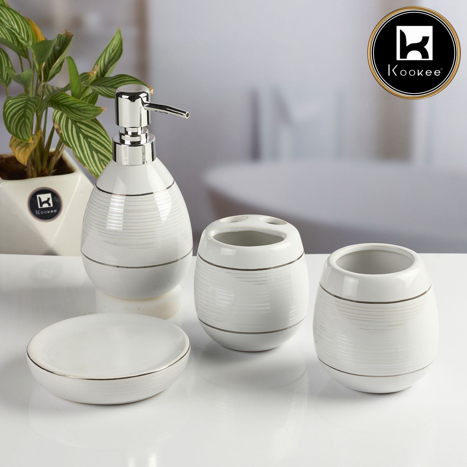 Kookee Ceramic Bathroom Set of 4 with Soap Dispenser (11627)