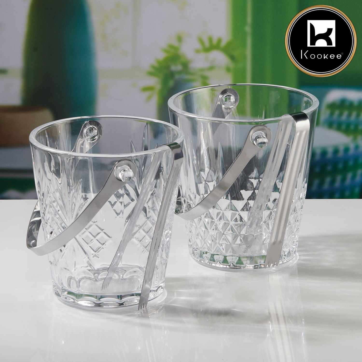 Kookee Glass Crystal Ice Bucket with Tong & Handle, Set of 2 - 800ml (11628)