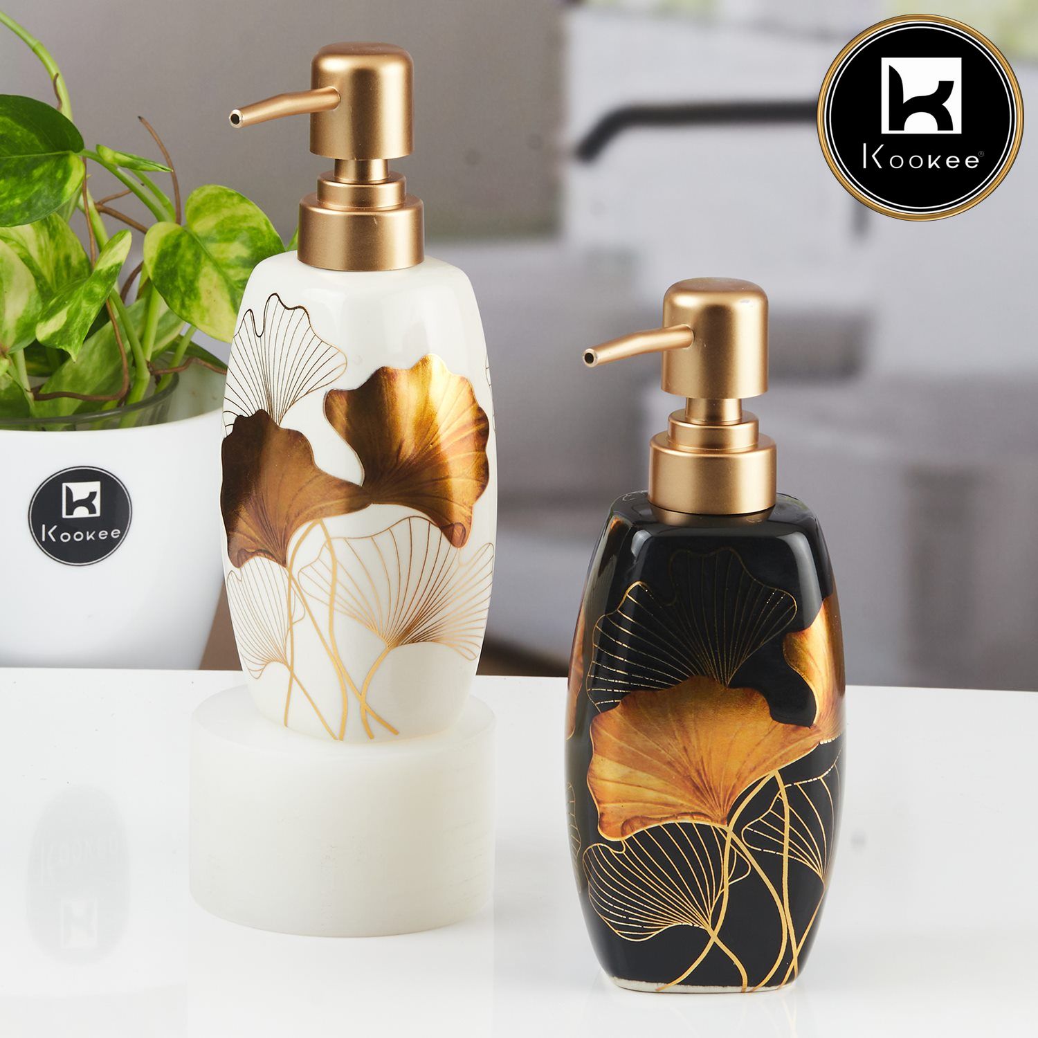 Ceramic Soap Dispenser for handwash for Bathroom, Black/Gold (Set of 2) (12023)