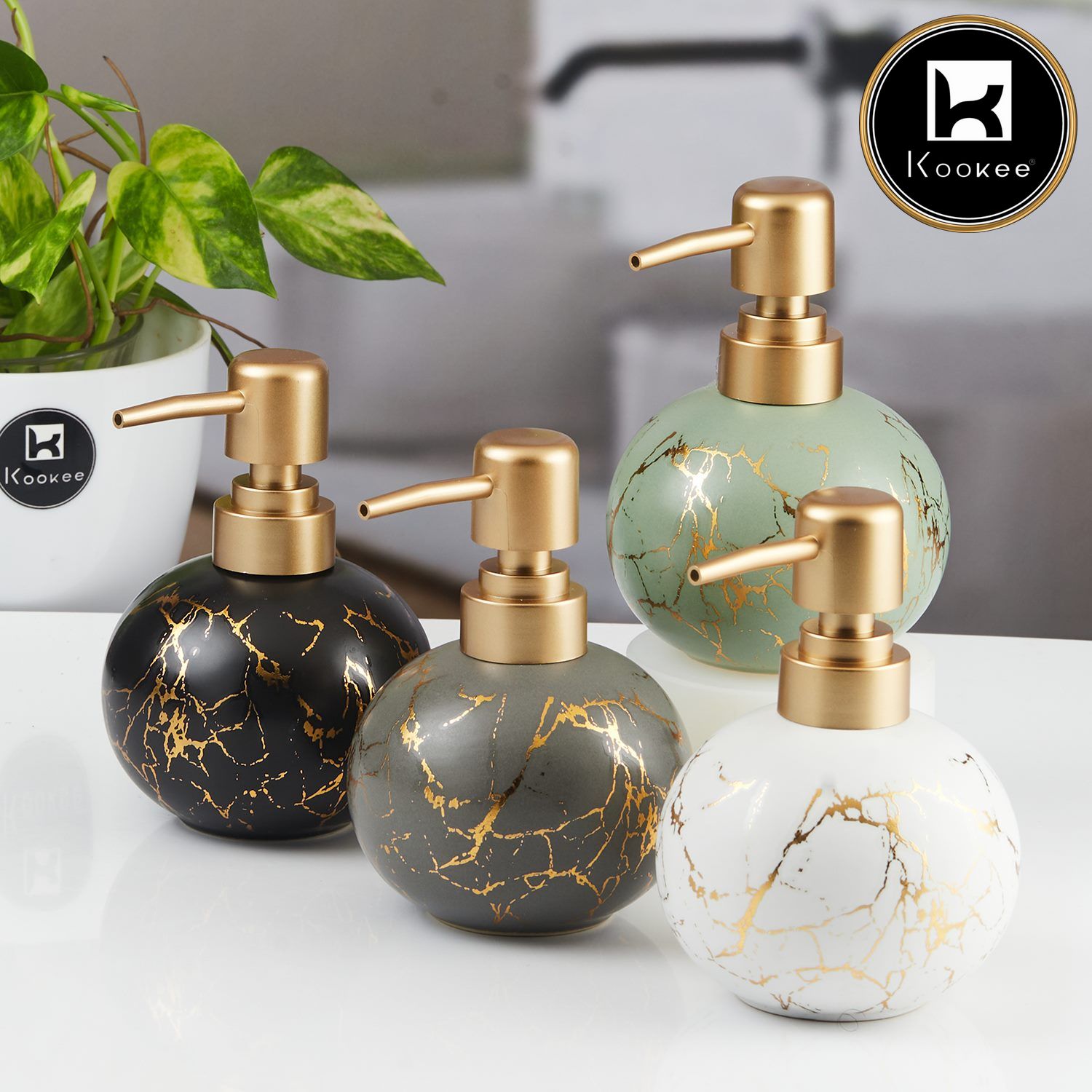 Ceramic Soap Dispenser for handwash for Bathroom, Black/Gold (Set of 2) (12010)