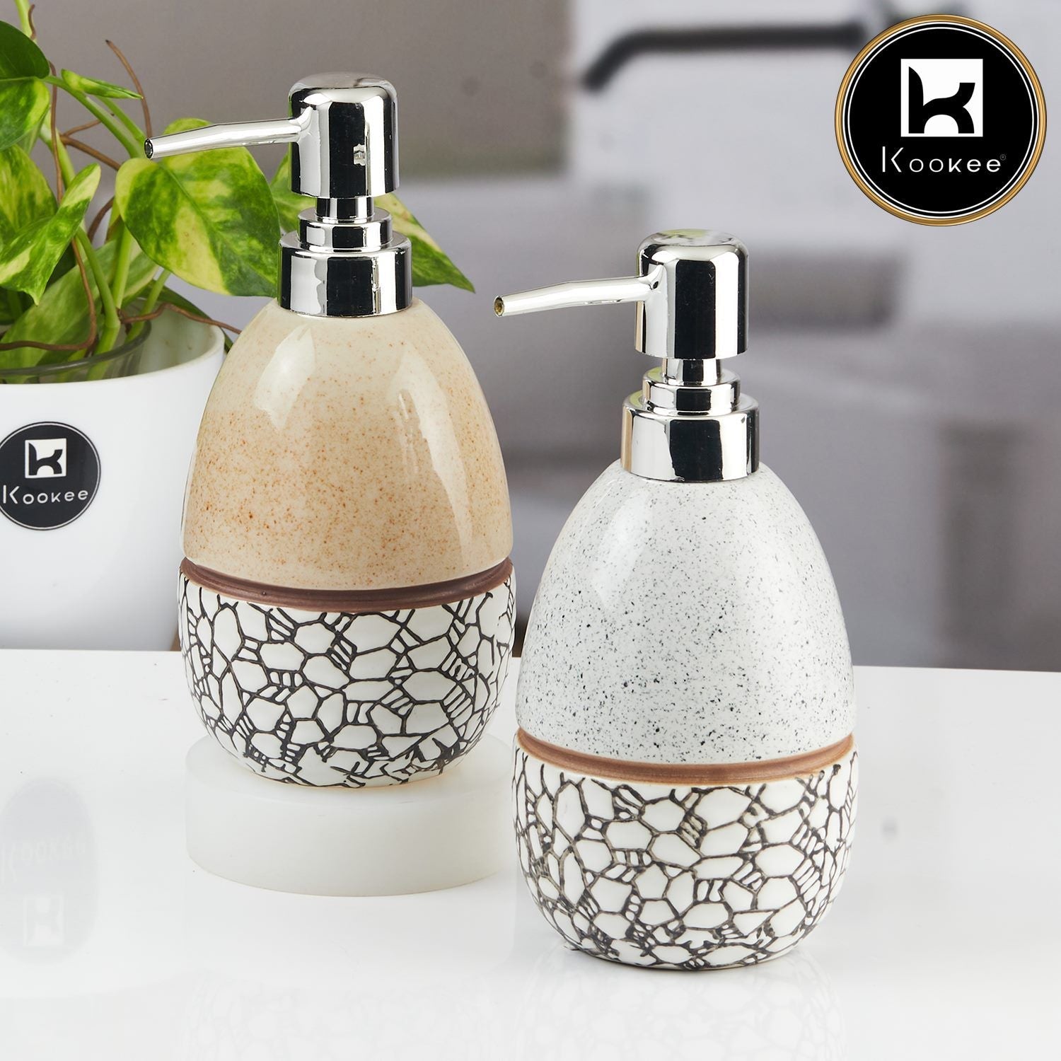 Ceramic Soap Dispenser for handwash for Bathroom, Beige (Set of 2) (12021)