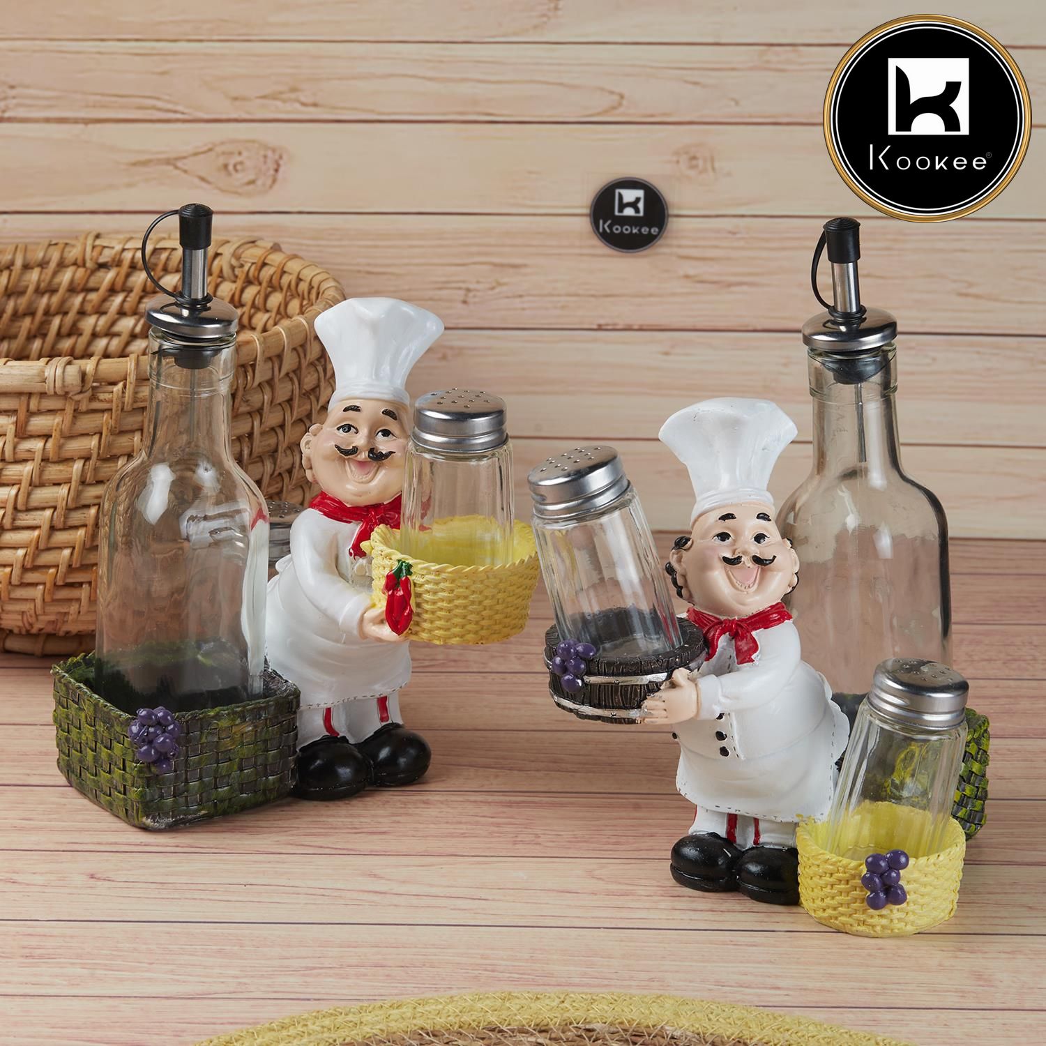 Kookee Polyresin Chef Salt and Pepper Shakers Set holder, Stylish Salt Pepper & Spice Container with Oil/Vinegar Bottle for Dining Table, Home & Kitchen Restaurant