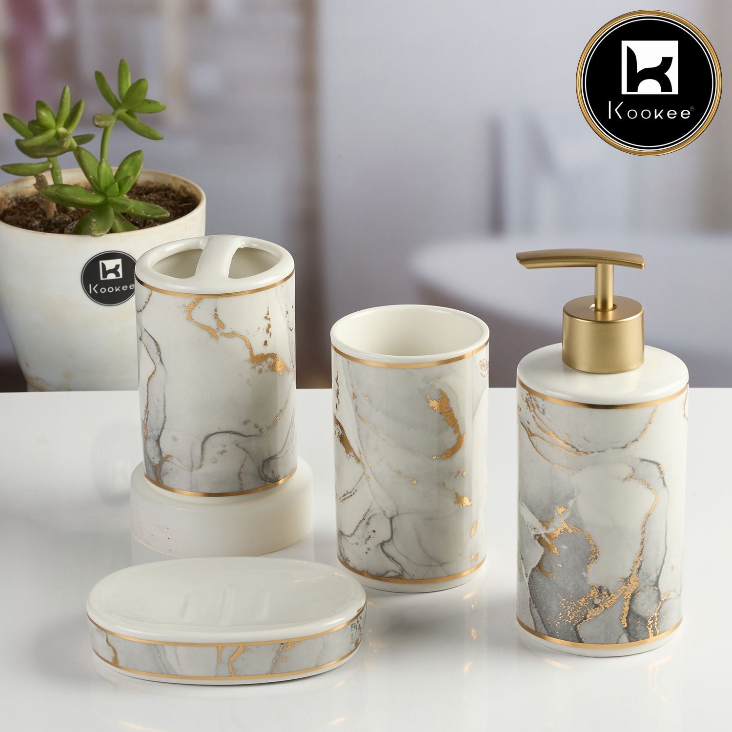 Ceramic Bathroom Accessories Set of 4 with Soap Dispenser (11987)