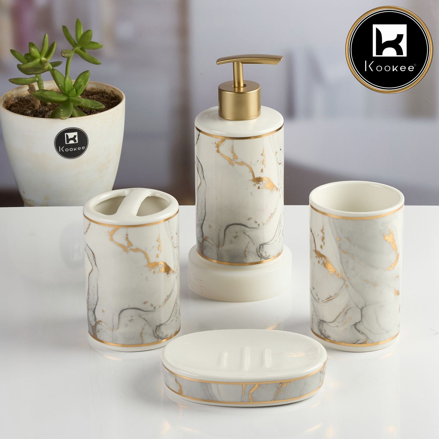 Ceramic Bathroom Accessories Set of 4 with Soap Dispenser (11987)