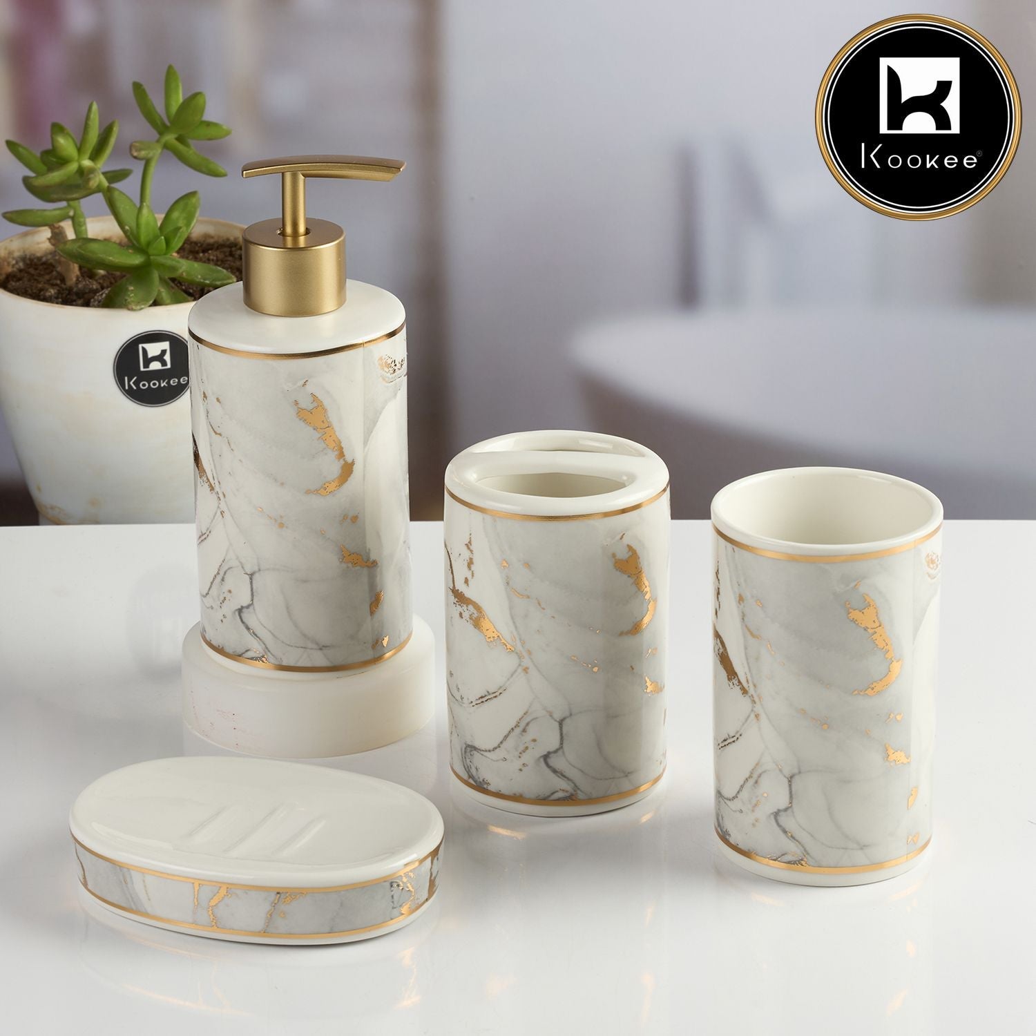 Kookee Ceramic Bathroom Accessories Set of 4 with Soap Dispenser (11987)