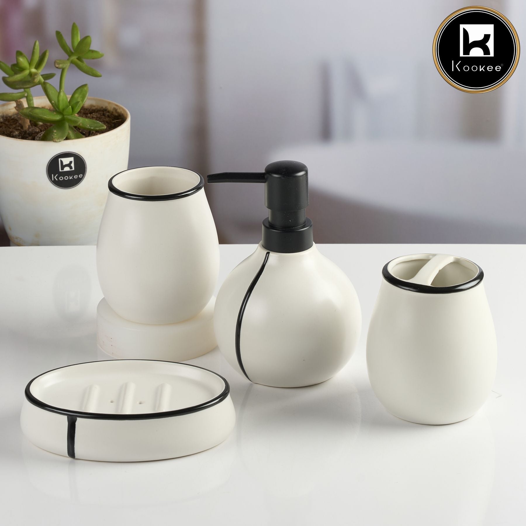 Ceramic Bathroom Accessories Set of 4 with Soap Dispenser (11991)