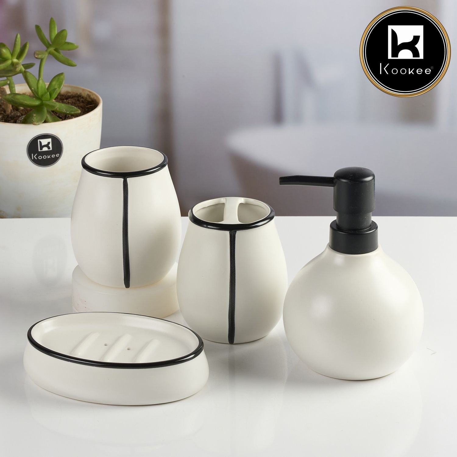 Ceramic Bathroom Accessories Set of 4 with Soap Dispenser (11991)