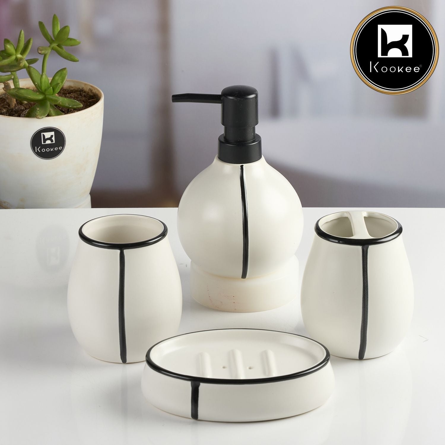 Ceramic Bathroom Accessories Set of 4 with Soap Dispenser (11991)