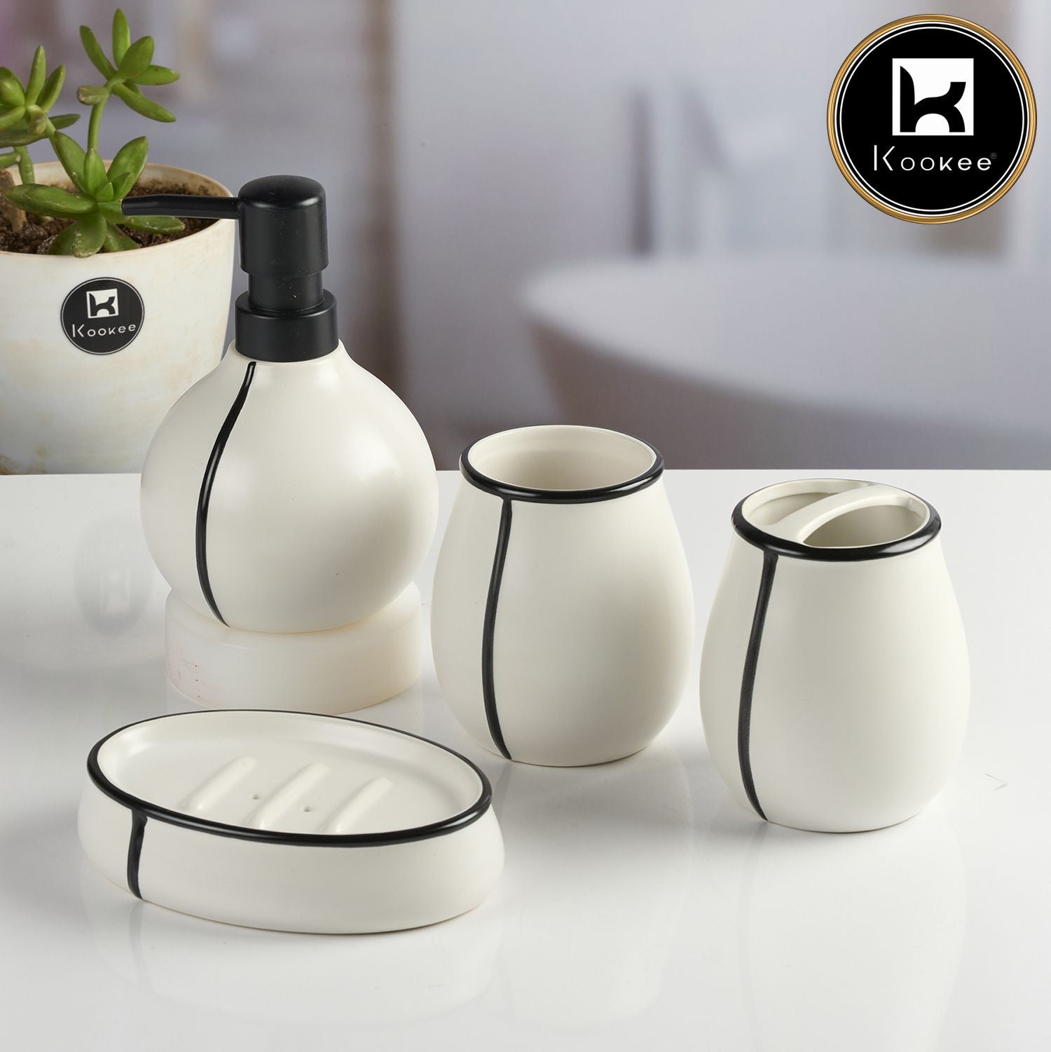 Kookee Ceramic Bathroom Accessories Set of 4 with Soap Dispenser (11991)