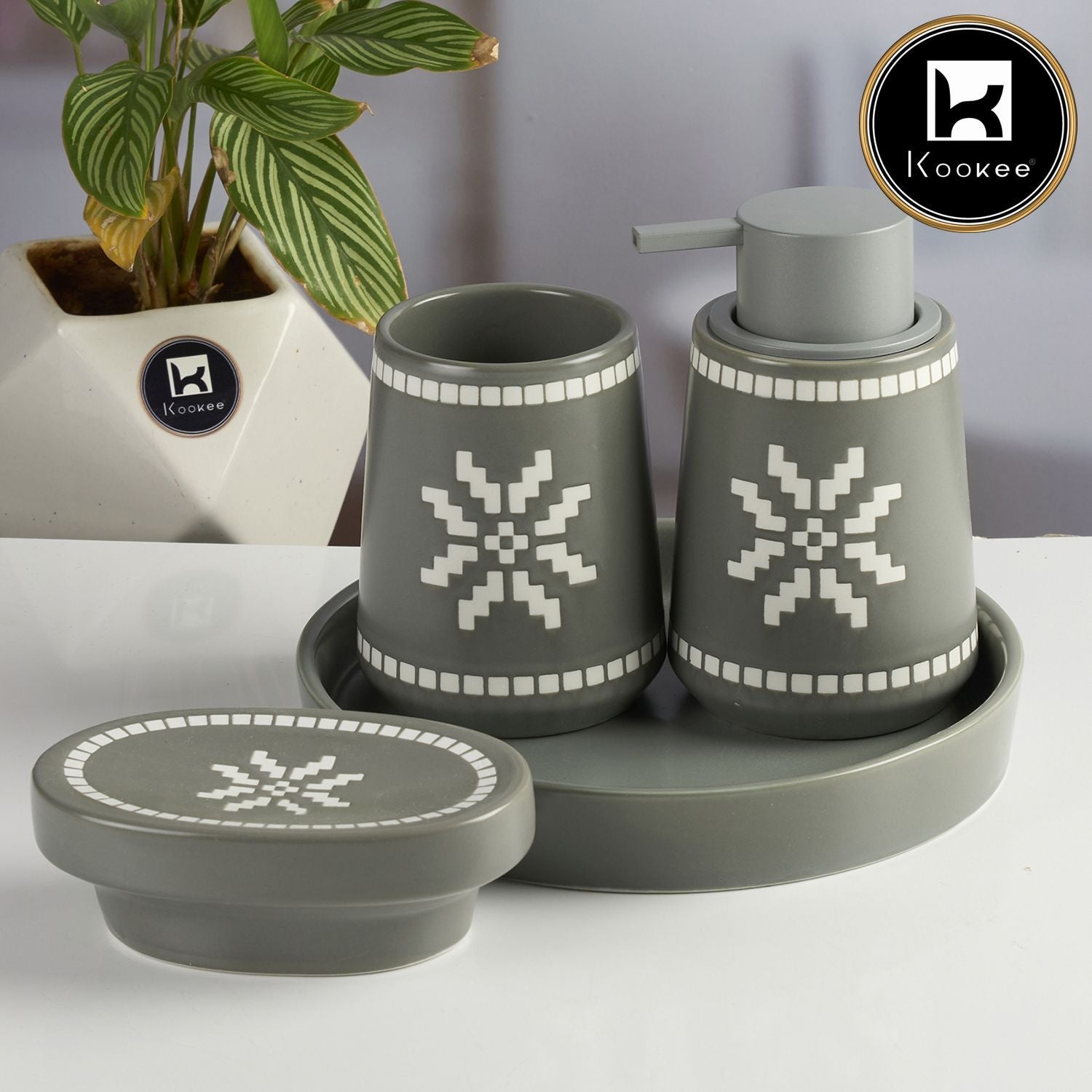 Ceramic Bathroom Accessories Set of 3 with Soap Dispenser & Tray (11994)