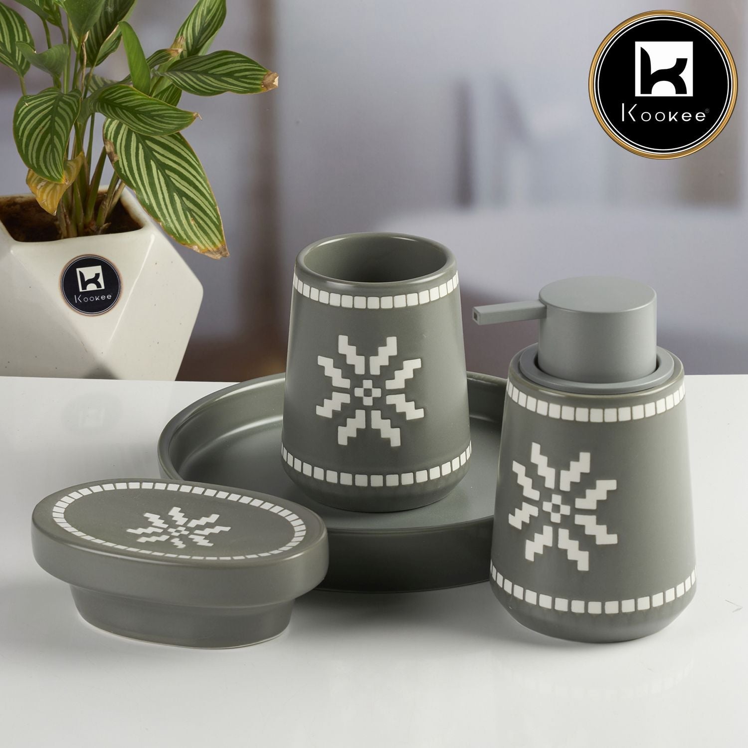 Ceramic Bathroom Accessories Set of 3 with Soap Dispenser & Tray (11994)