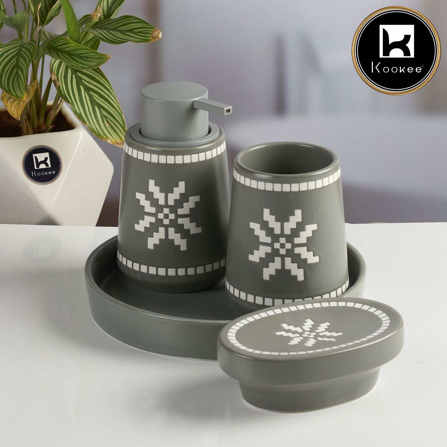 Ceramic Bathroom Accessories Set of 3 with Soap Dispenser & Tray (11994)