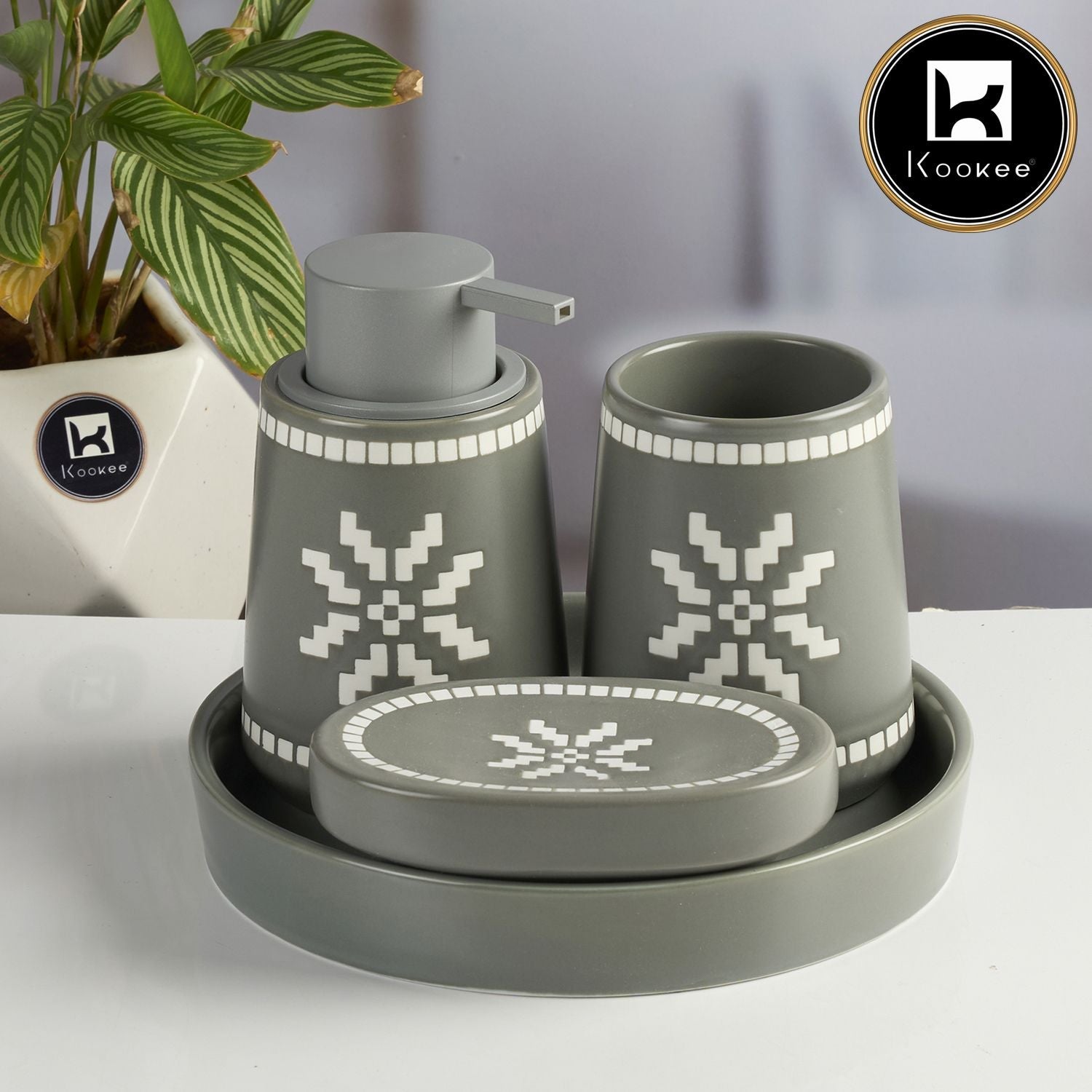 Ceramic Bathroom Accessories Set of 3 with Soap Dispenser & Tray (11994)