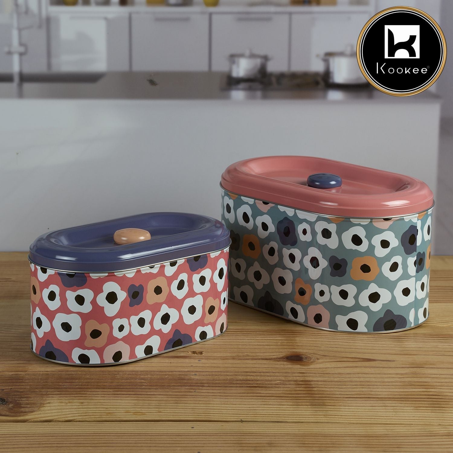 Kookee Tin Boxes Set of 2, Cookie, Biscuit and Snack Storage Tins (12000)