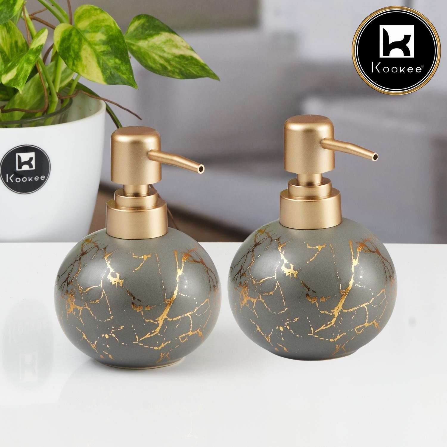 Ceramic Soap Dispenser for handwash for Bathroom, White/Gold (Set of 2) (12011)