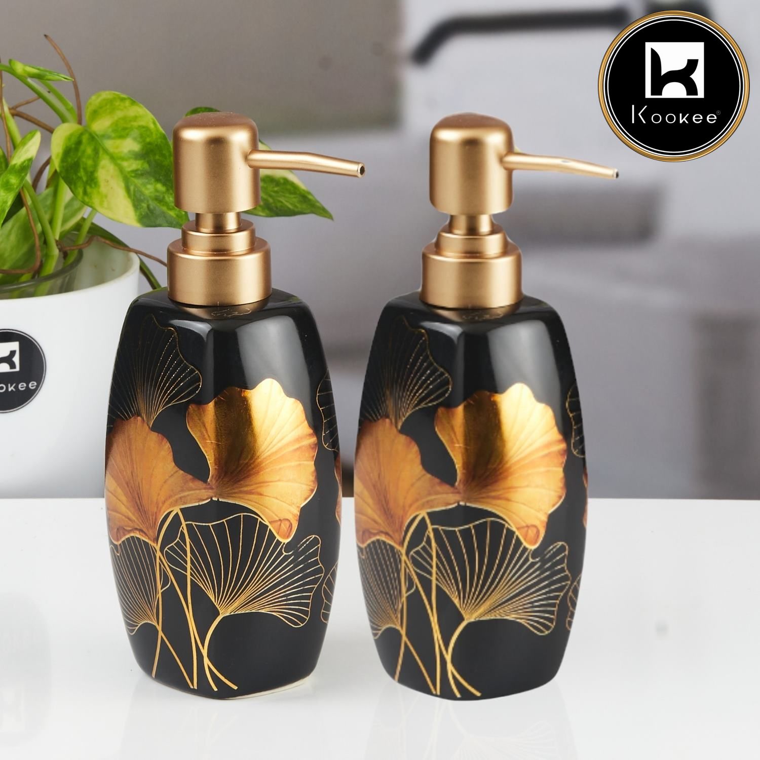 Ceramic Soap Dispenser for handwash for Bathroom, White/Gold (Set of 2) (12022)