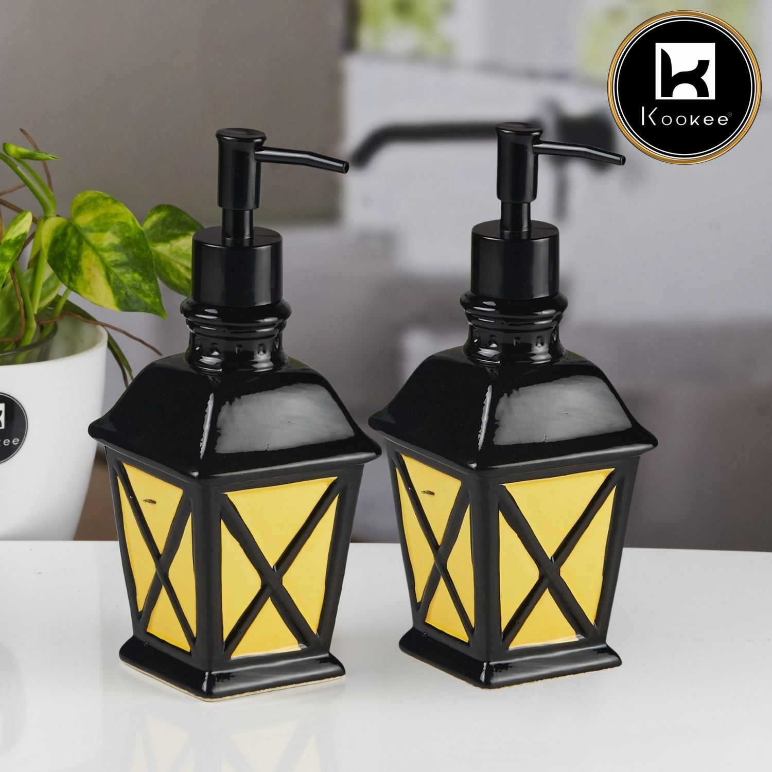 Ceramic Soap Dispenser for handwash for Bathroom, Yellow (Set of 2) (12033)