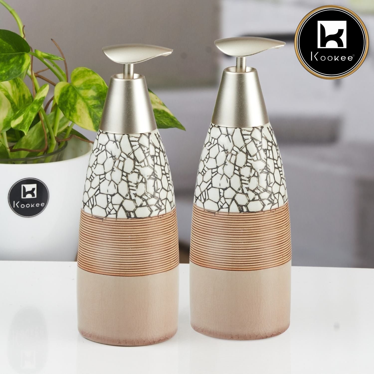 Ceramic Soap Dispenser for handwash for Bathroom, Beige (Set of 2) (12056)